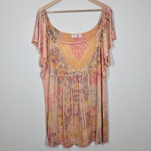 Vtg Y2K Cato Peach Orange Buttefly Paisley Babydoll Top Fairy Grunge 26/28W
